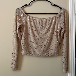 Windsor Studded/ Rhinestones Beige Long Sleeve Crop Top Size L